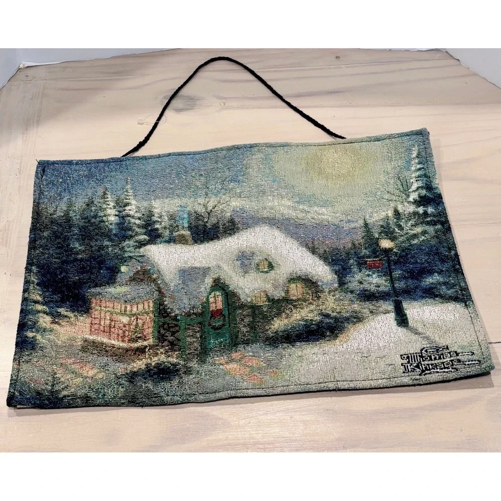Thomas Kinkade Winter Cottage Woven Wall Hanging Tapestry Christmas Decor 17x12